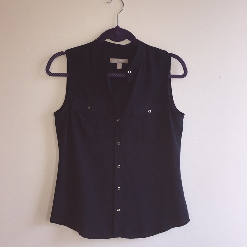 Blue button down, sleeveless blouse